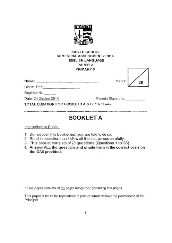 Rosyth P5 Eng SA2 2014 exam paper PDF preview