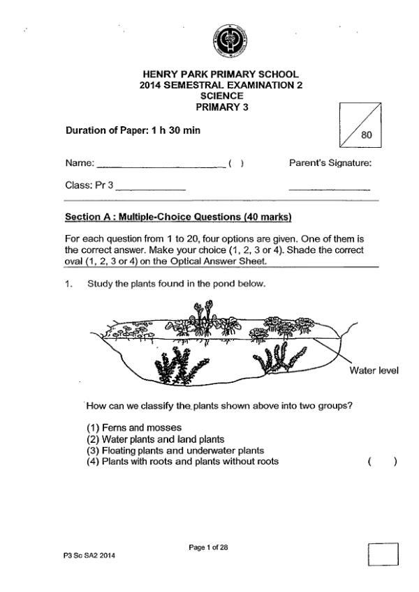 Henry Park P3 Sci SA2 2014 exam paper PDF first page preview