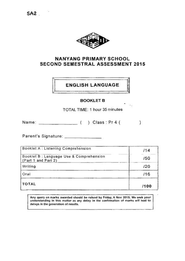 Nanyang P4 Eng SA2 2015 exam paper PDF first page preview