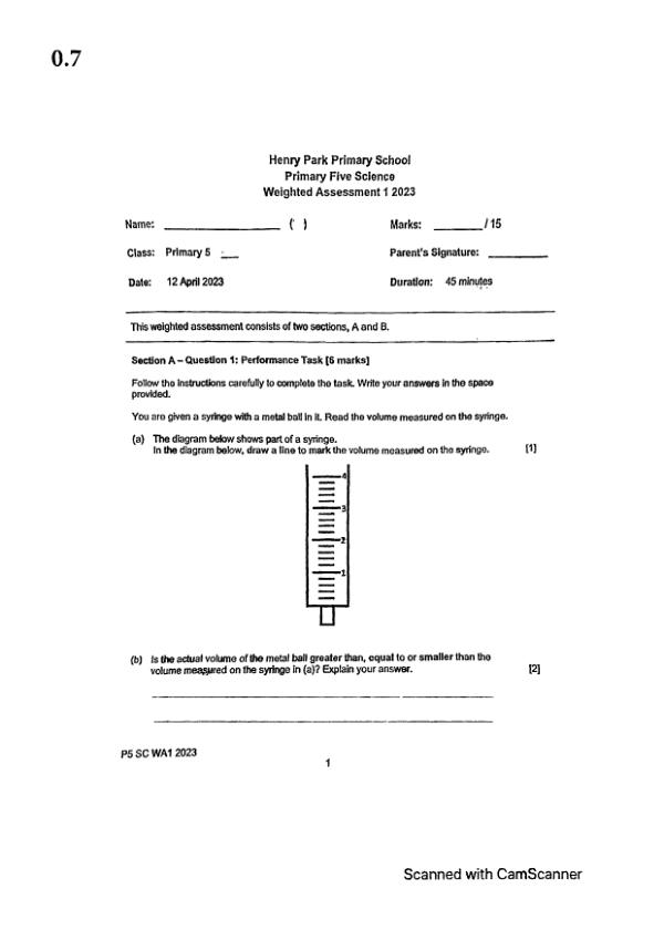 Henry Park P5 Sci WA2 2023 exam paper PDF first page preview