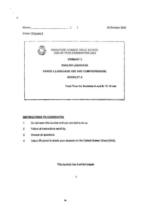 Singapore Chinese Girls P3 Eng SA2 2023 exam paper PDF first page preview