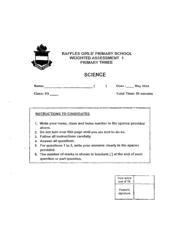First page preview of P3 Sci 2024 WA1 — Raffles Girls