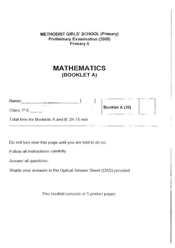 Methodist Girls P6 Math SA2 2008 exam paper PDF preview