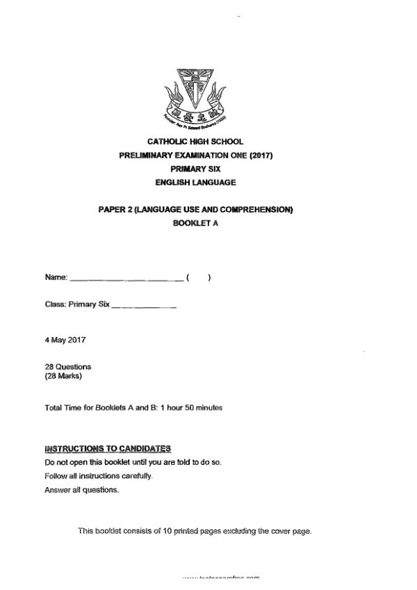 Catholic High P6 Eng WA2 2017 exam paper PDF preview