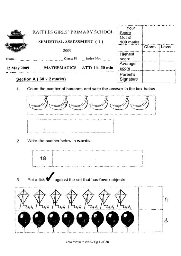 Raffles Girls P1 Math WA2 2009 exam paper PDF preview