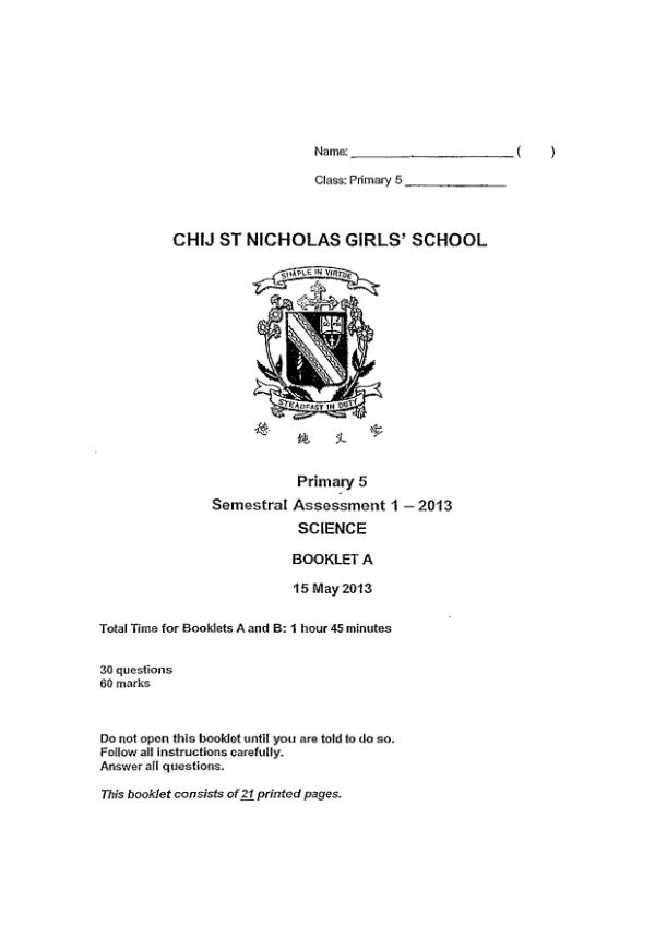CHIJ P5 Sci WA2 2013 exam paper PDF preview