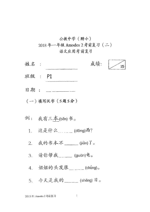 Catholic High P1 Chi WA2 2018 exam paper PDF first page preview