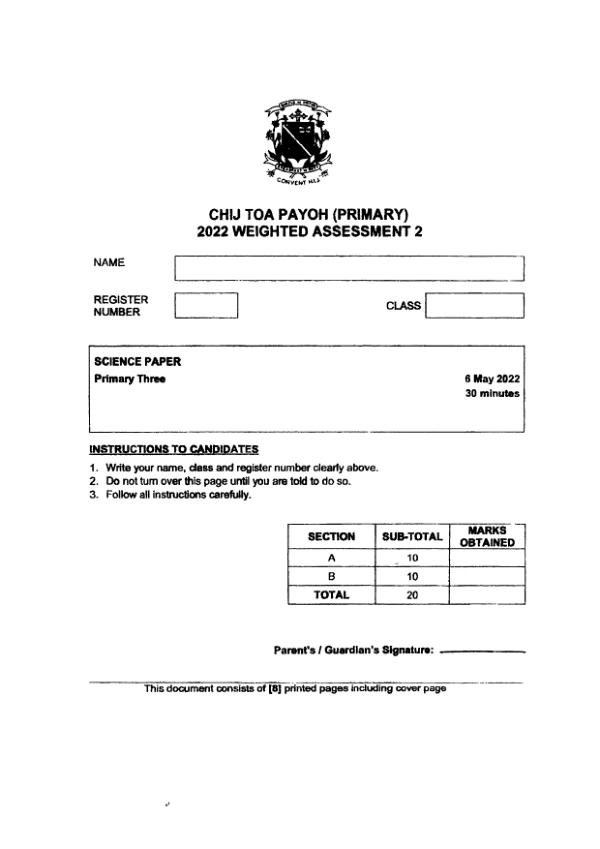 CHIJ P3 Sci WA3 2022 exam paper PDF first page preview