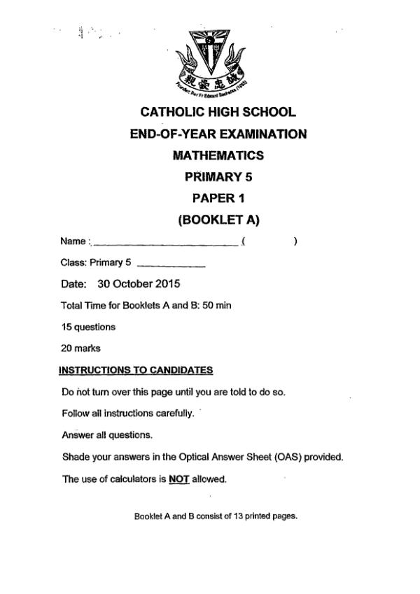First page preview of P5 Math 2015 SA2 — Catholic High