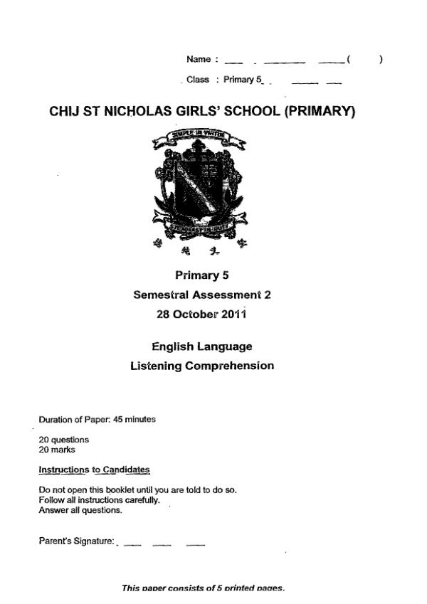 CHIJ P5 Eng SA2 2011 exam paper PDF preview