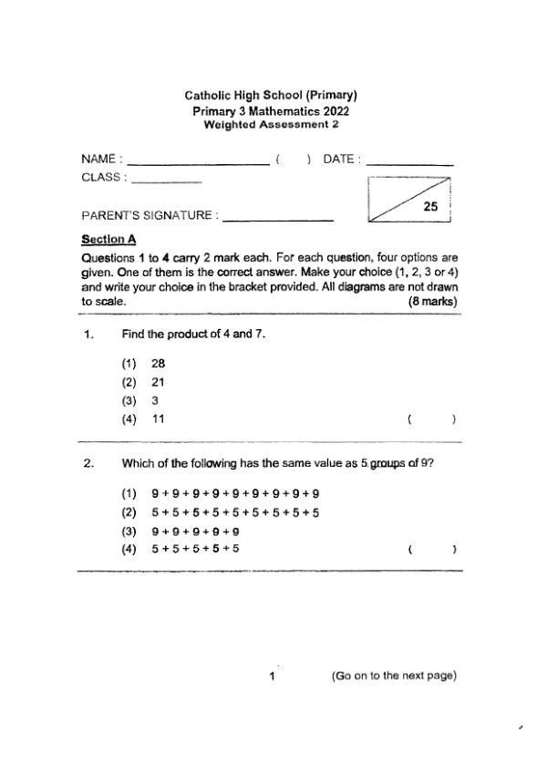 First page preview of P3 Math 2022 WA3 — Catholic High