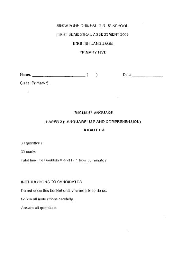 Singapore Chinese Girls P5 Eng WA2 2009 exam paper PDF preview