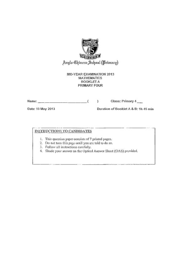 Anglo Chinese P4 Math WA2 2013 exam paper PDF preview