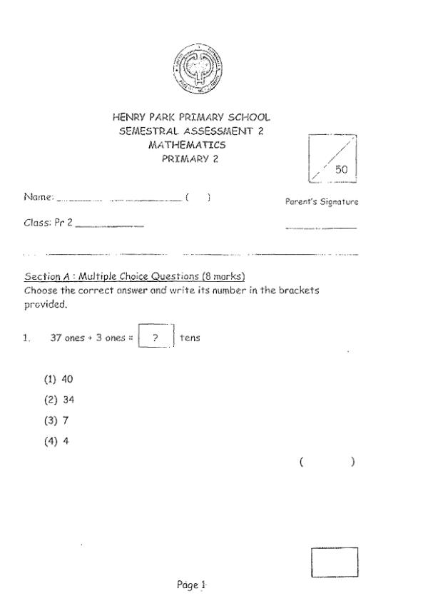 First page preview of P2 Math 2014 SA2 — Henry Park