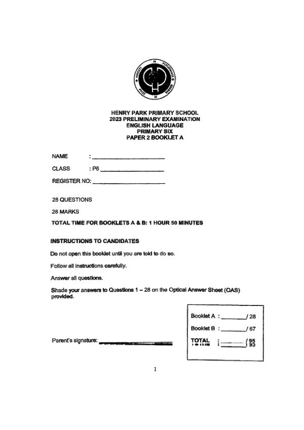 First page preview of P6 Eng 2023 SA2 — Henry Park