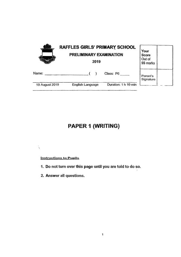 Raffles Girls P6 Eng SA2 2019 exam paper PDF preview