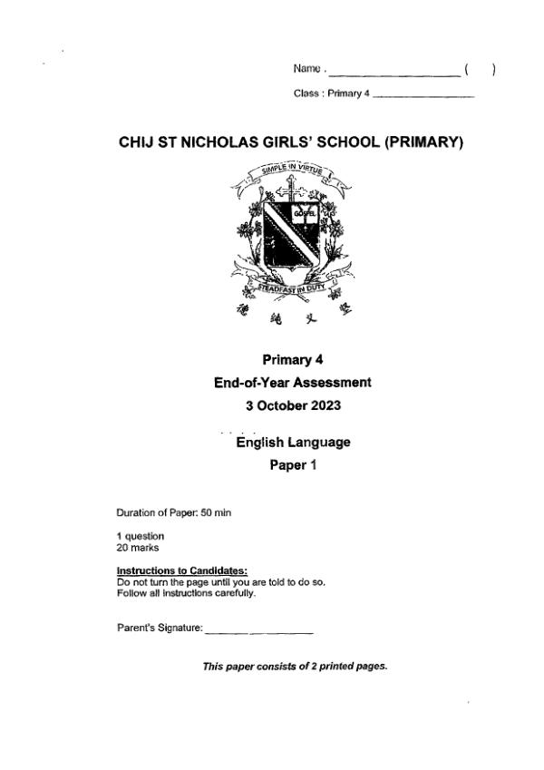 CHIJ P4 Eng SA2 2023 exam paper PDF first page preview