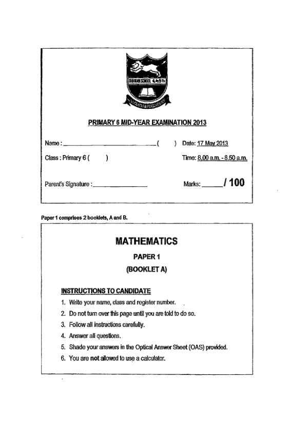 First page preview of P6 Math 2013 WA2 — Tao Nan