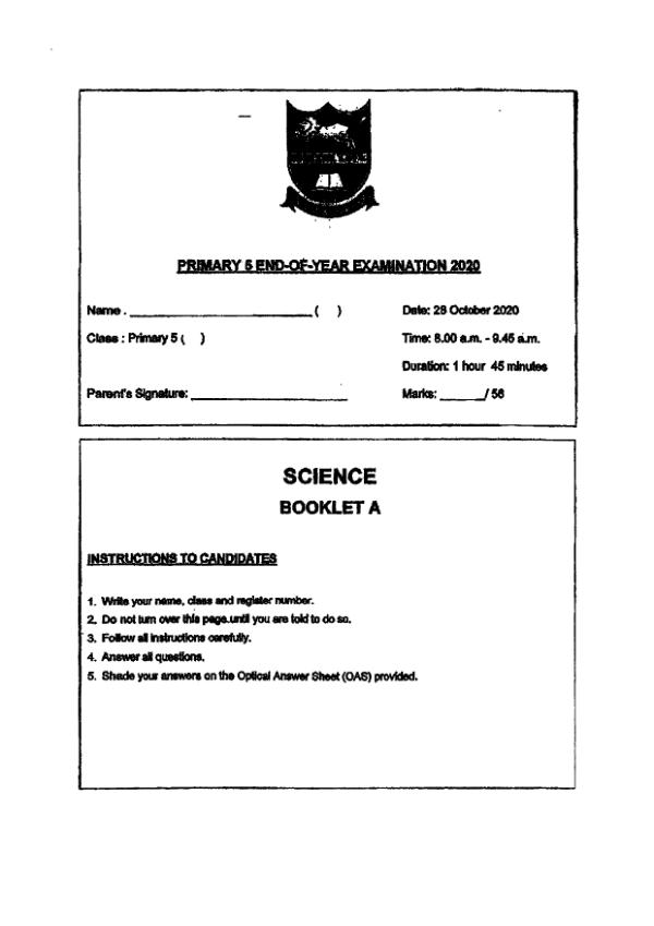 Tao Nan P5 Sci SA2 2020 exam paper PDF first page preview