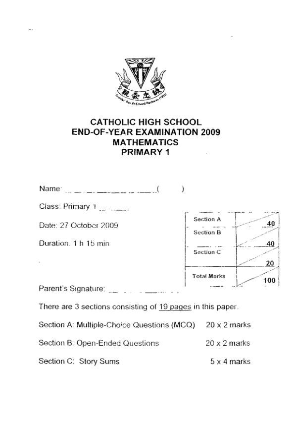 Catholic High P1 Math SA2 2009 exam paper PDF preview