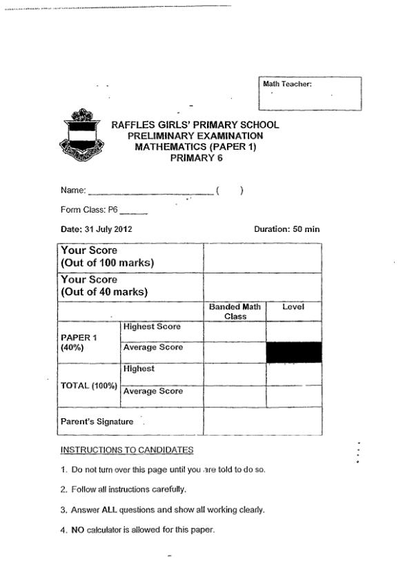 Raffles Girls P6 Math SA2 2012 exam paper PDF preview