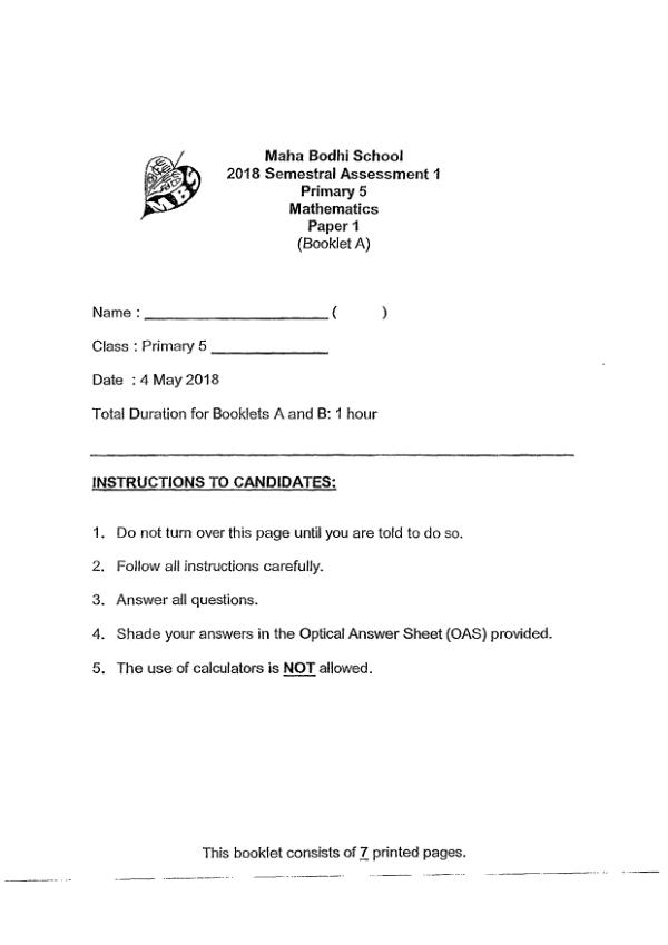 First page preview of P5 Math 2018 WA2 — Maha Bodhi