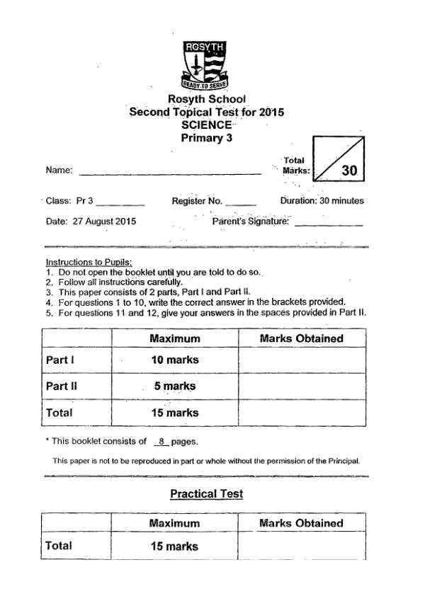 Rosyth P3 Sci WA3 2015 exam paper PDF first page preview
