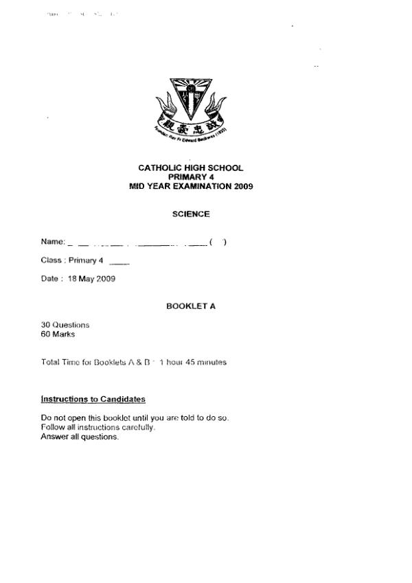 Catholic High P4 Sci WA2 2009 exam paper PDF first page preview