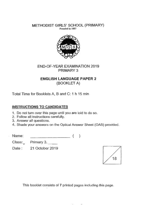 Methodist Girls P3 Eng SA2 2019 exam paper PDF preview