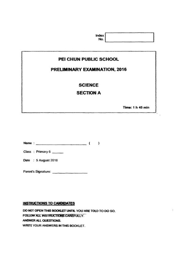 Pei Chun P6 Sci SA2 2016 exam paper PDF first page preview