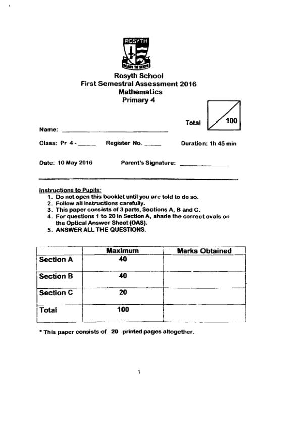 First page preview of P4 Math 2016 WA2 — Rosyth