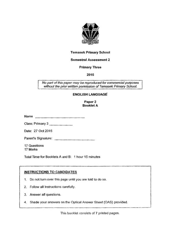Temasek P3 Eng SA2 2015 exam paper PDF first page preview