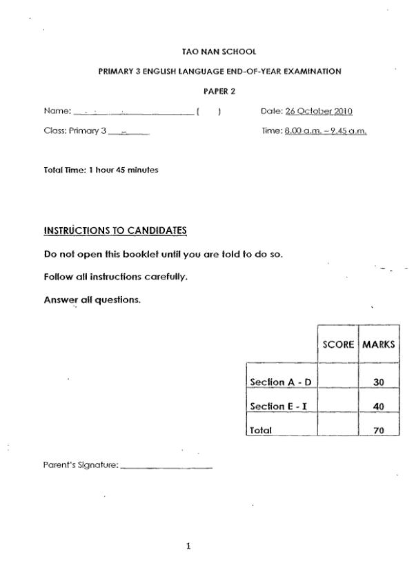 Tao Nan P3 Eng SA2 2010 exam paper PDF preview
