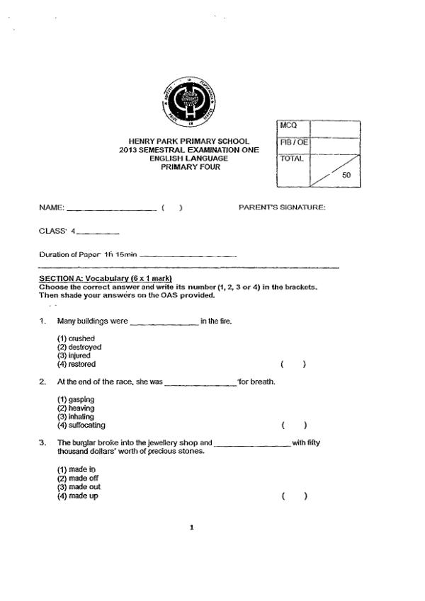 Henry Park P4 Eng WA2 2013 exam paper PDF preview
