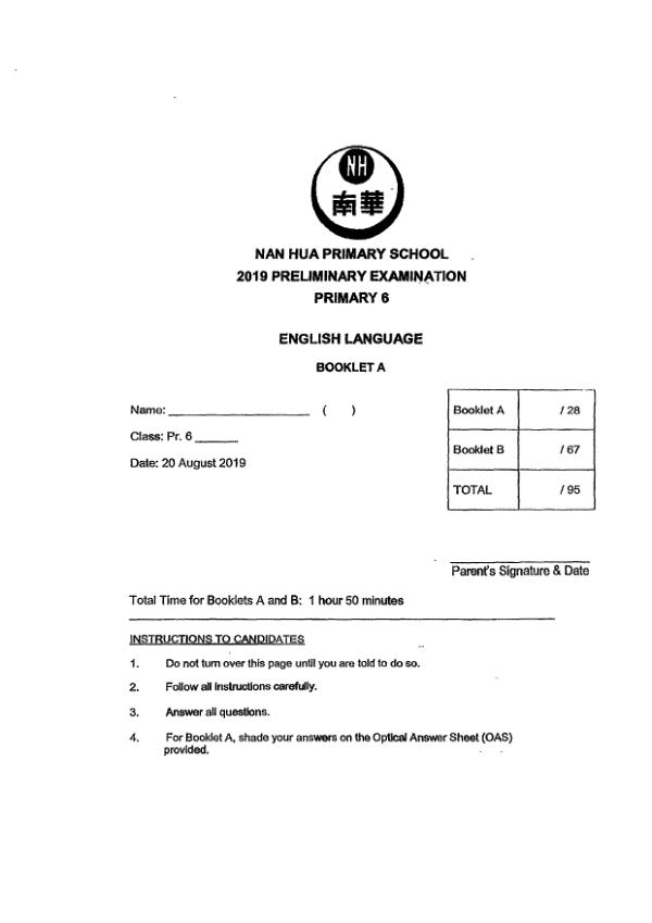 Nan Hua P6 Eng SA2 2019 exam paper PDF first page preview