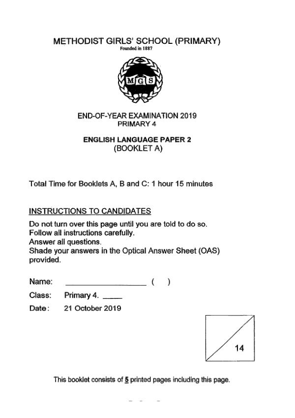 Methodist Girls P4 Eng SA2 2019 exam paper PDF first page preview