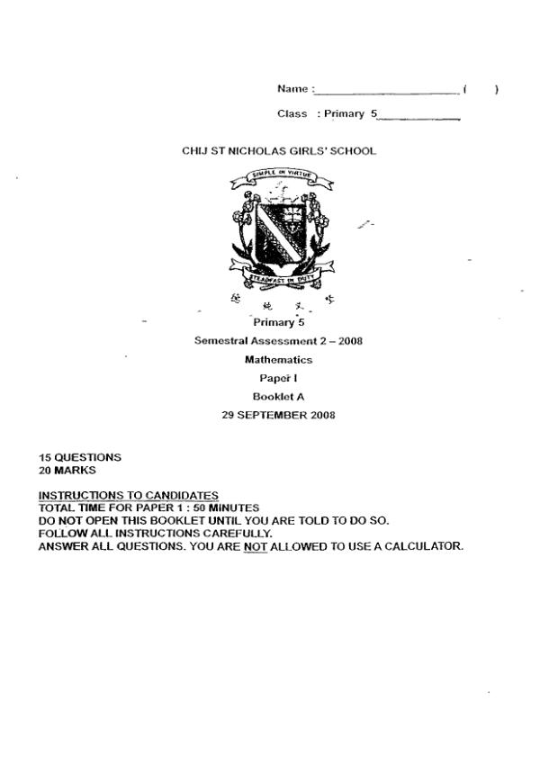 CHIJ P5 Math SA2 2008 exam paper PDF preview