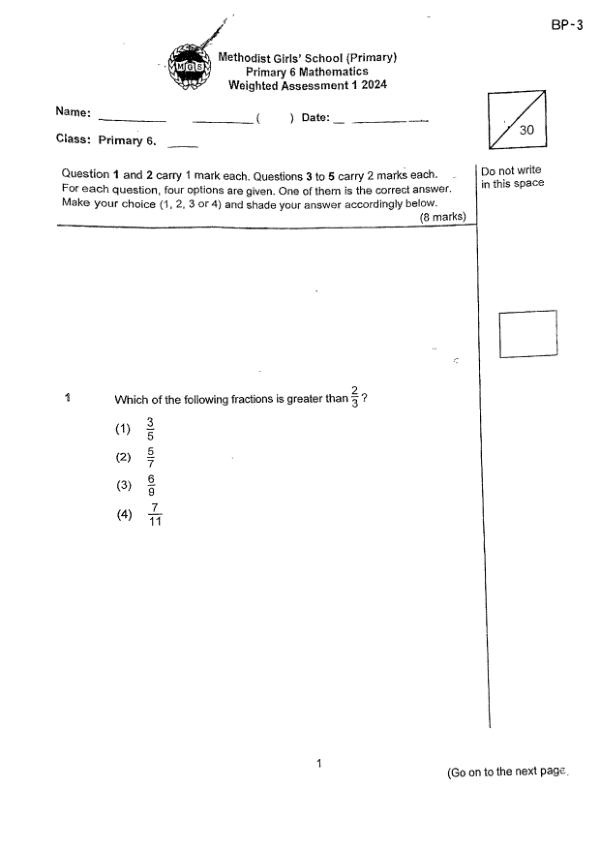 First page preview of P6 Math 2024 WA1 — Methodist Girls