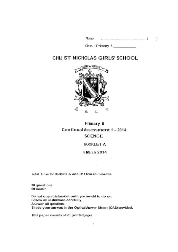 CHIJ P6 Sci WA1 2014 exam paper PDF preview