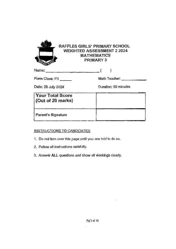 First page preview of P3 Math 2024 WA2 — Raffles Girls