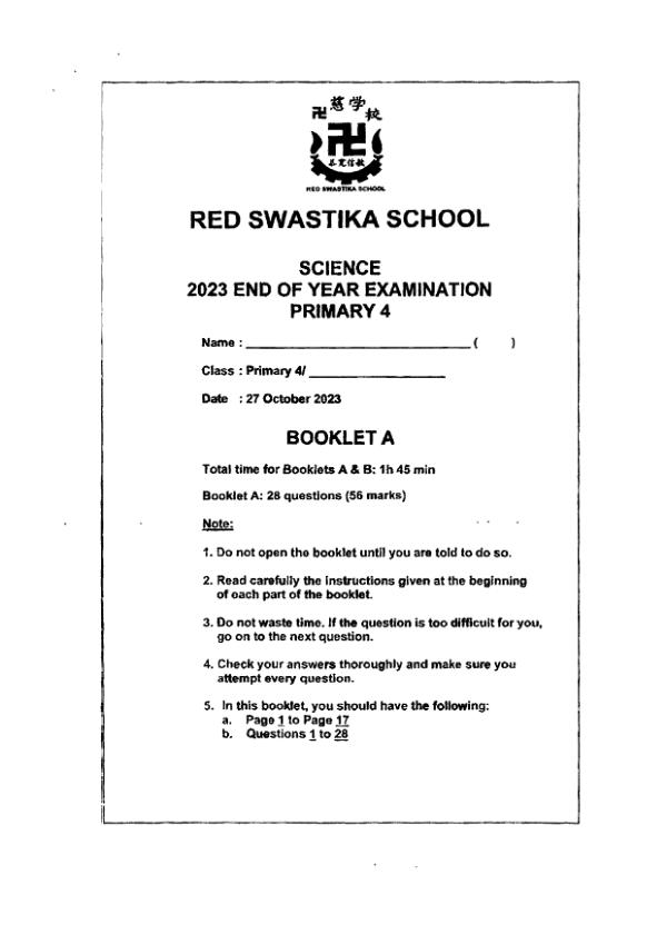 Red Swastika P4 Sci SA2 2023 exam paper PDF preview
