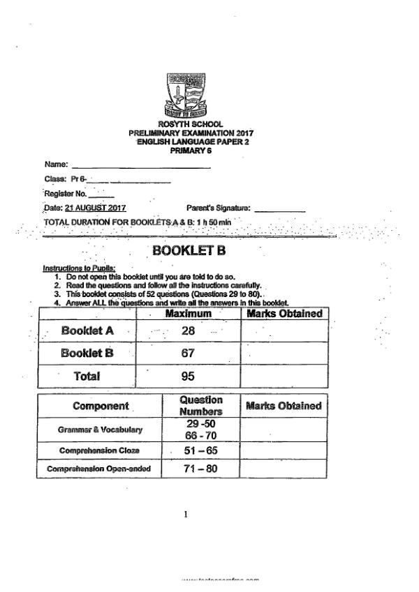 Rosyth P6 Eng SA2 2017 exam paper PDF preview