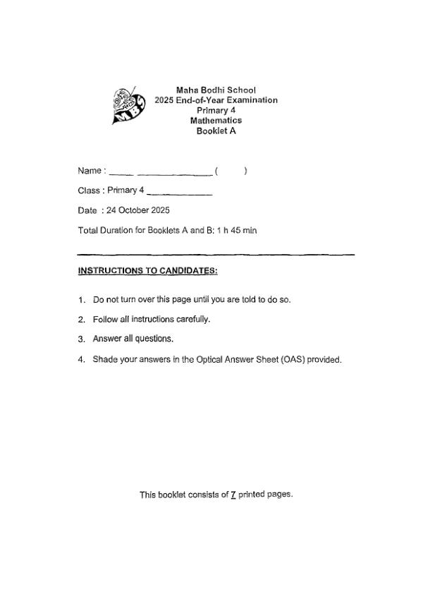 First page preview of P4 Math 2025 SA2 — Maha Bodhi