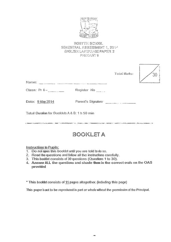 Rosyth P6 Eng WA2 2014 exam paper PDF first page preview