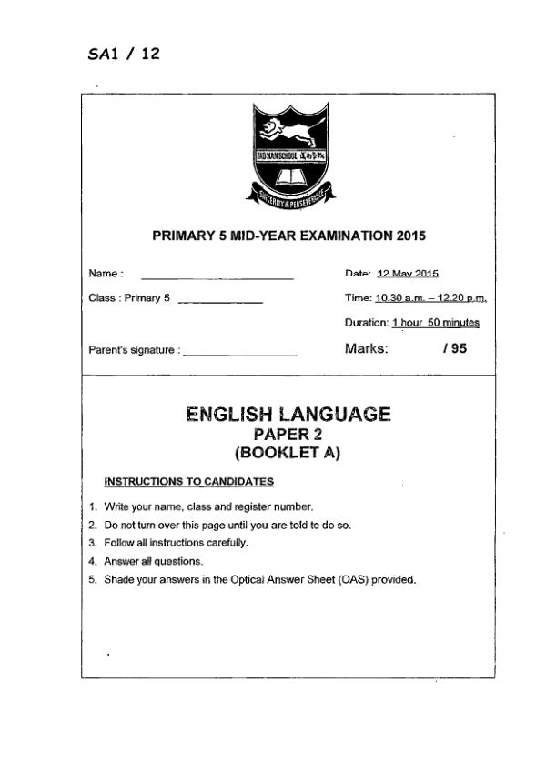 Tao Nan P5 Eng WA2 2015 exam paper PDF first page preview
