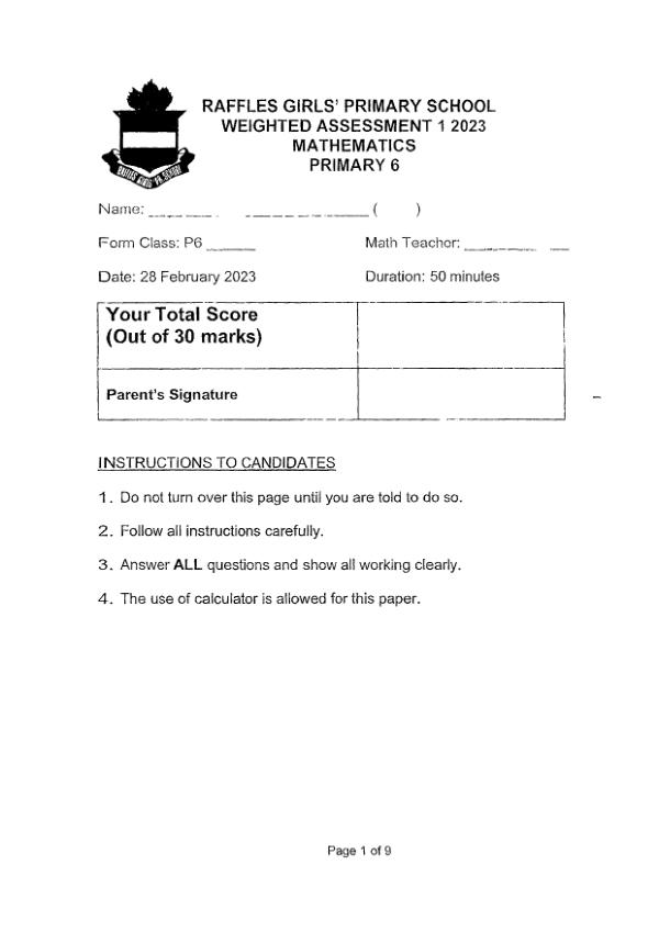 First page preview of P6 Math 2023 WA1 — Raffles Girls