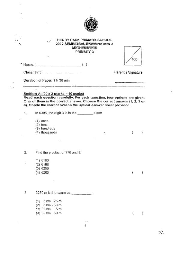 Henry Park P3 Math SA2 2012 exam paper PDF preview