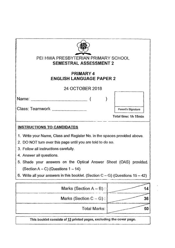 Pei Hwa P4 Eng SA2 2018 exam paper PDF preview