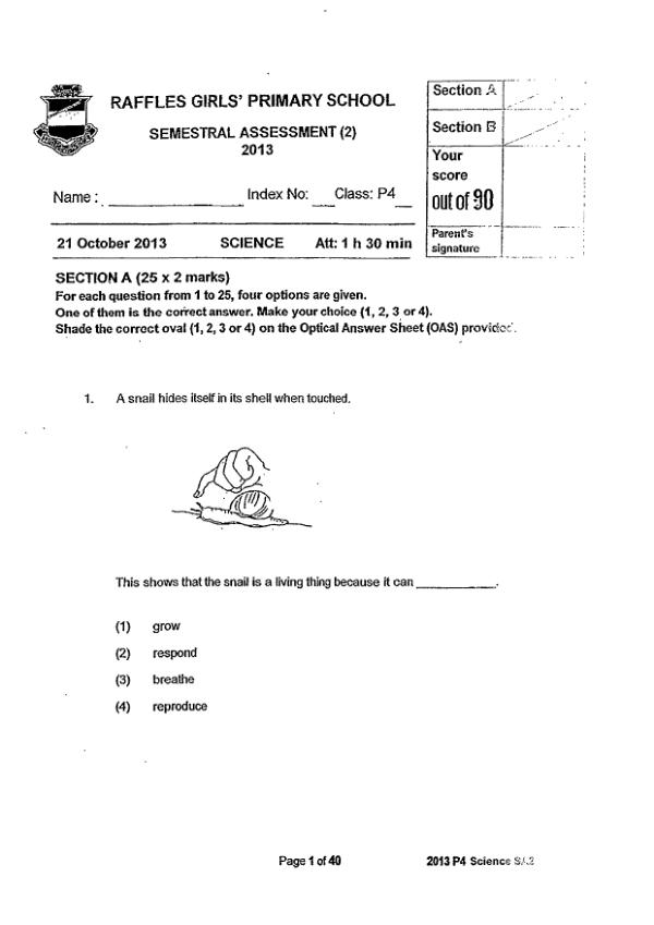 Raffles Girls P4 Sci SA2 2013 exam paper PDF first page preview