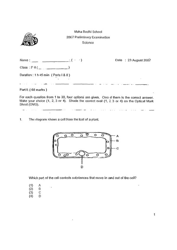 Maha Bodhi P6 Sci SA2 2007 exam paper PDF preview